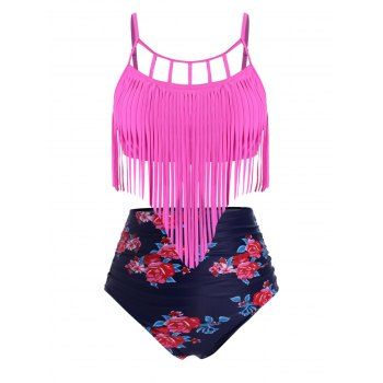 

Fringed Floral Ruched High Waisted Plus Size Tankini Swimsuit, Rose red