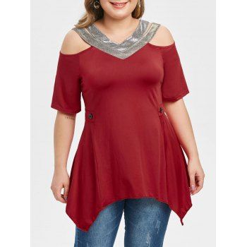 

Glittery Open Shoulder Handkerchief Plus Size Top, Red wine