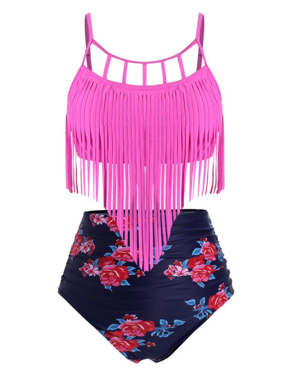 Maillot de Bain Tankini Fleuri Taille Haute de Grande Taille à Frange à Volants - Rouge Rose 1X