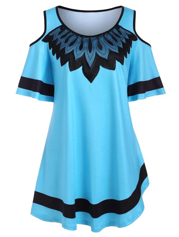 Haut Brodé Panneau en Maille à Epaule Dénudée de Grande Taille - Bleu 1X