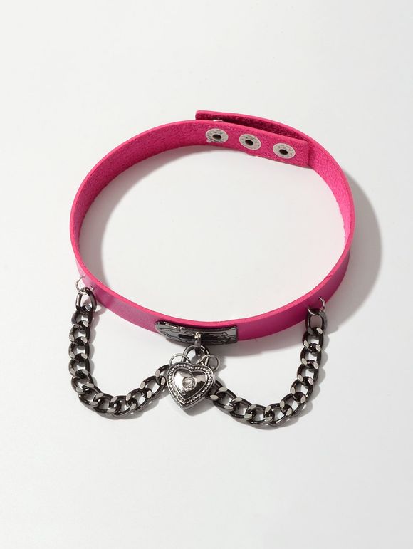 Collier Ras-du-Cou Cœur Serrure à Chaîne - Rouge Rose 