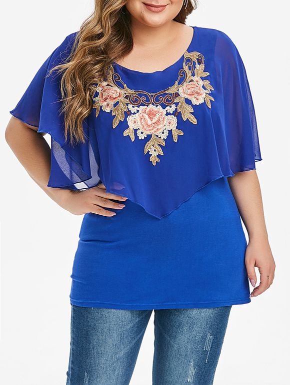 Chemisier Superposé Fleuri Brodé Panneau en Mousseline de Grande Taille - Bleu 3X