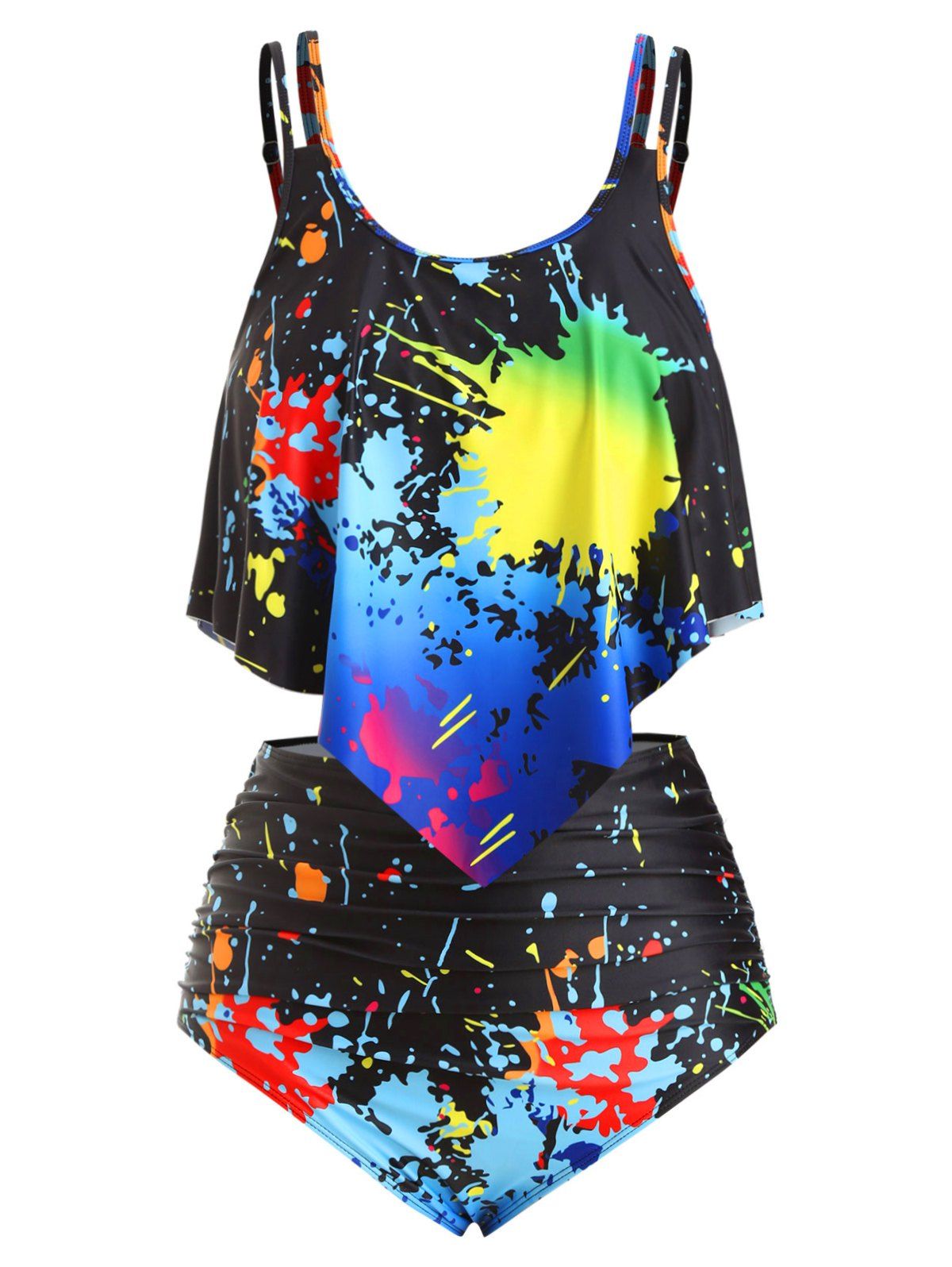 

Splatter Paint Overlay Ruched Strappy Plus Size Tankini Swimsuit, Black