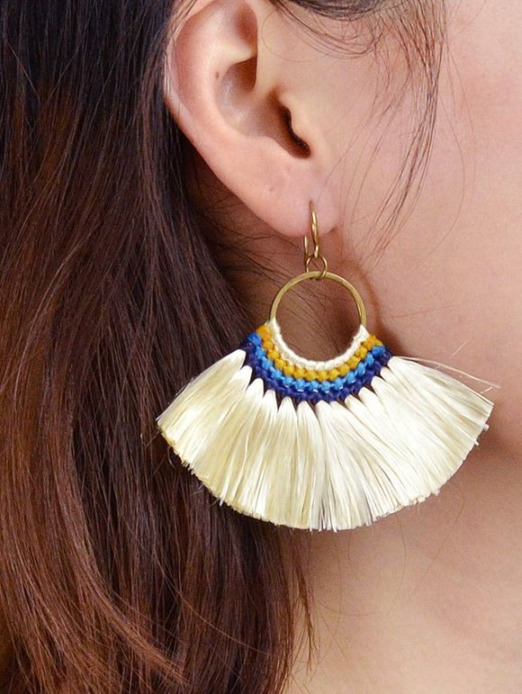 Boucles D'Oreilles Pendantes Secteur Style Bohémien à Frange - Beige 