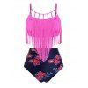 Maillot de Bain Tankini Fleuri Taille Haute de Grande Taille à Frange à Volants - Rouge Rose 1X