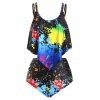 Maillot de Bain Tankini Superposé Peinture Eclaboussée à Bretelle de Grande Taille à Volants - Noir 4X