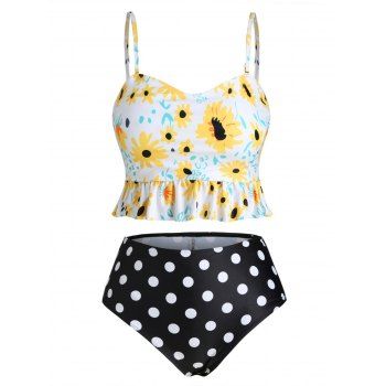 

Floral Polka Dot Peplum Hem Plus Size Tankini Swimsuit, Sun yellow