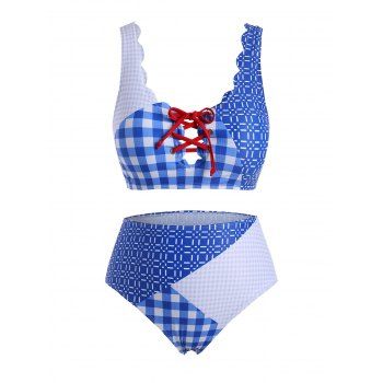 

Plaid Panel Lace Up Scalloped Trim Plus Size Bikini Swimsuit, Sky blue