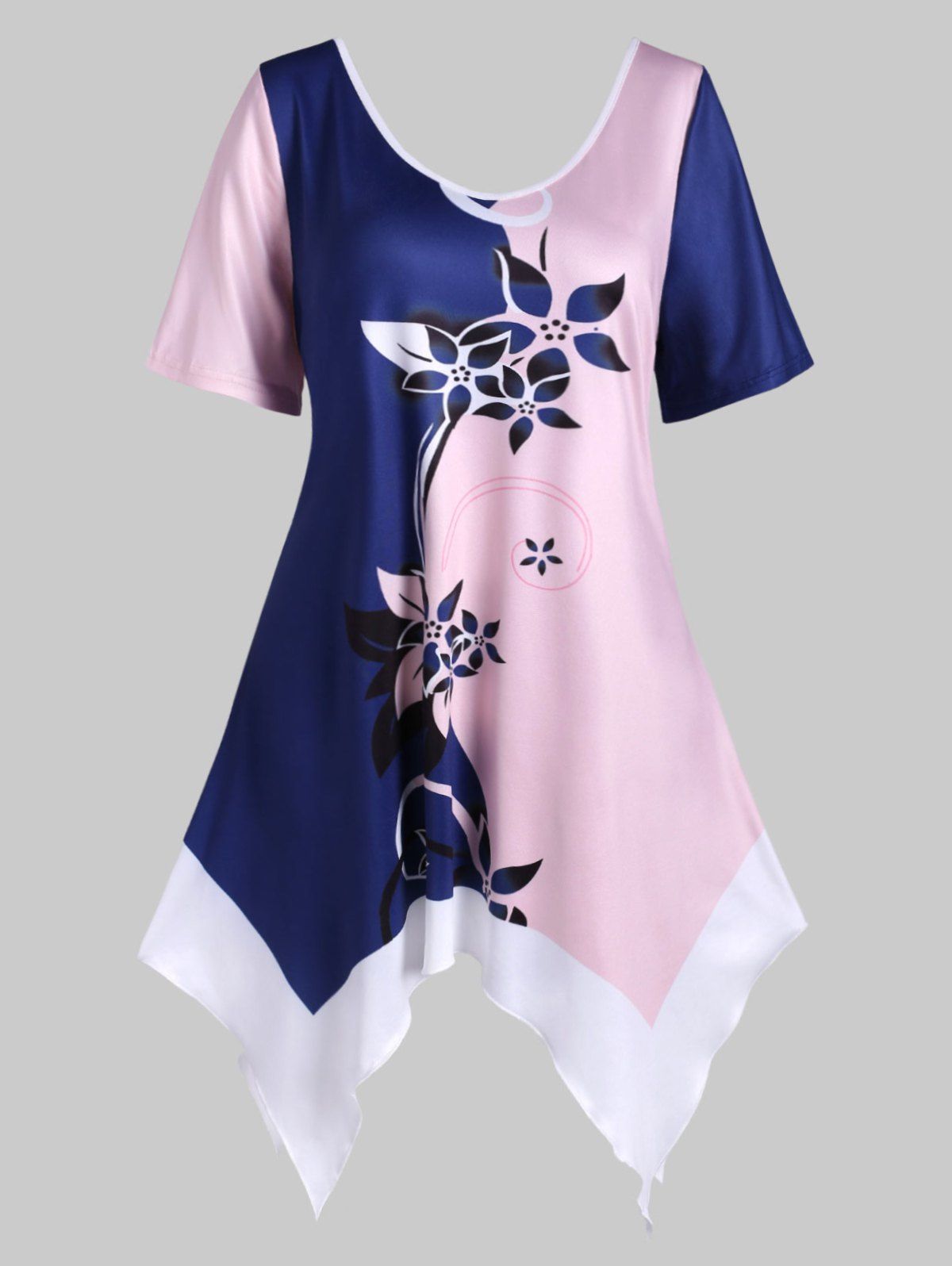 

Floral Colorblock Handkerchief Double V Plus Size Top, Pink