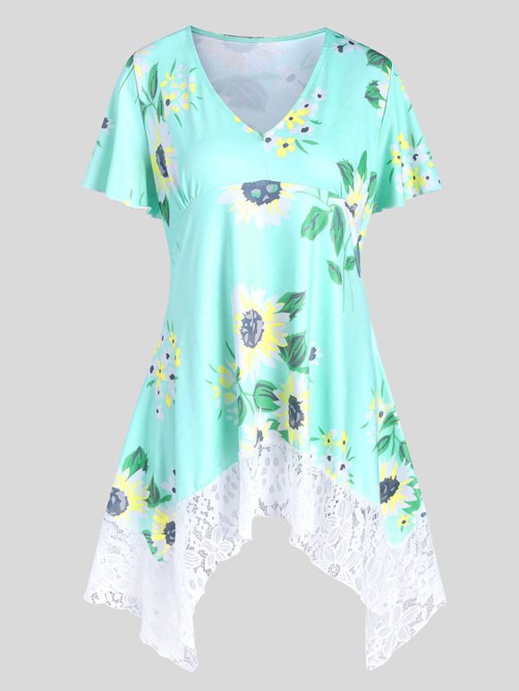 T-shirt Mouchoir Fleuri Imprimé à Ourlet en Dentelle de Grande Taille - Turquoise Moyenne L