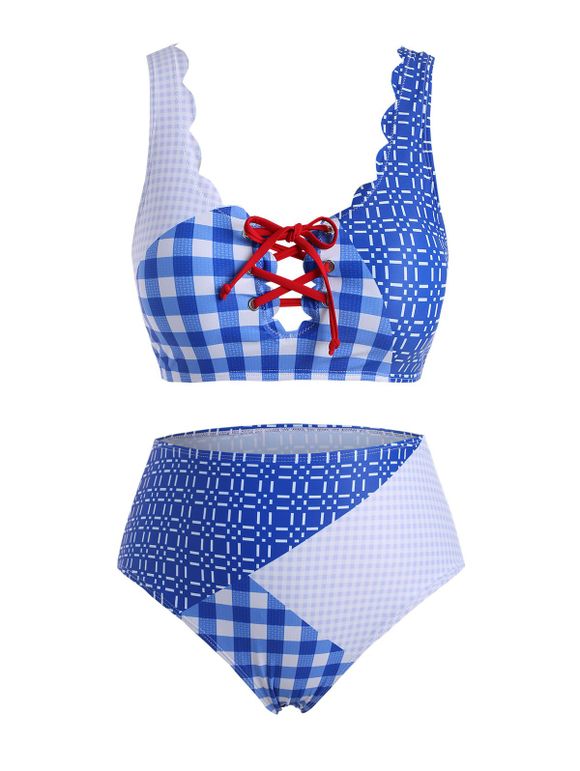 Maillot de Bain Bikini Panneau à Carreaux Festonné de Grande Taille à Lacets - Bleu Ciel 4X