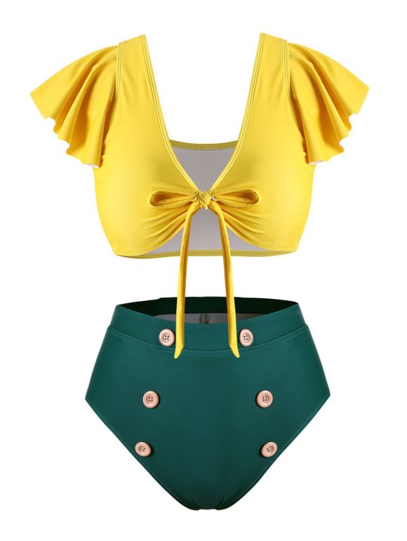 Maillot de Bain Noué avec Bouton de Grande Taille à Volants Deux Pièces - Jaune 4X