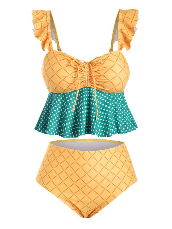 Maillot de Bain Tankini Lacets en Avant à Carreaux à Volants de Grande Taille - Jaune 3X