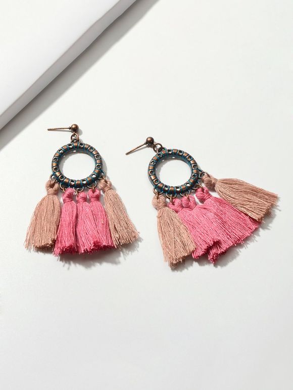 Boucles d'Oreilles Ethniques Cercle Pendantes à Frange - Rose clair 