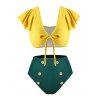 Maillot de Bain Noué avec Bouton de Grande Taille à Volants Deux Pièces - Jaune 4X