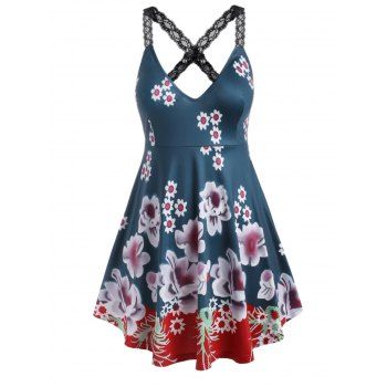 

Floral Lace Straps Criss Cross Plus Size Tank Top, Grayish turquoise
