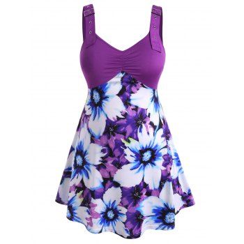 

Floral Buckle Straps Gathered Front Plus Size Tank Top, Purple