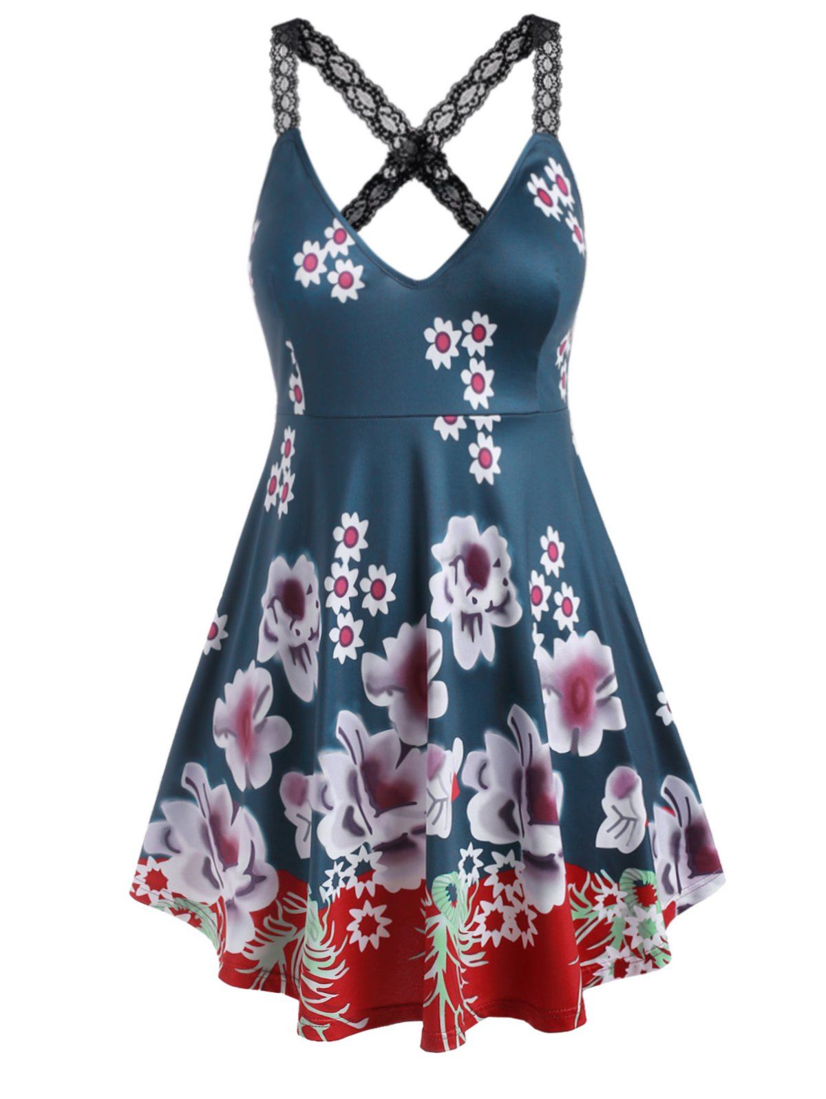 

Floral Lace Straps Criss Cross Plus Size Tank Top, Grayish turquoise