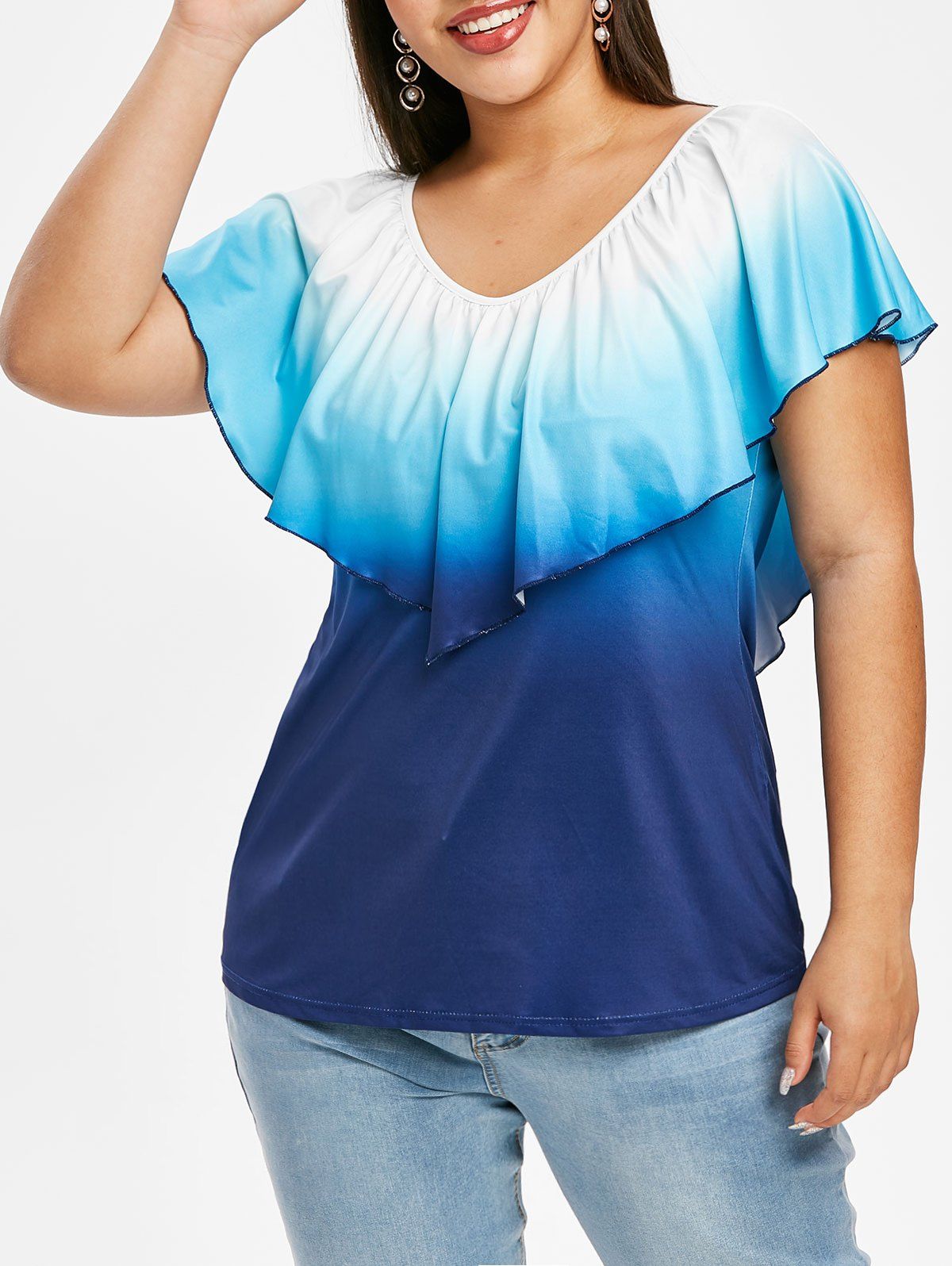 

Ombre Overlay Flounces Plus Size Top, Blue