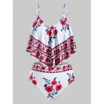 

Tiered Flounces Floral Plus Size Tankini Swimsuit, Red