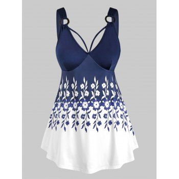 

O Ring Floral Curved Hem Plus Size Tank Top, Deep blue