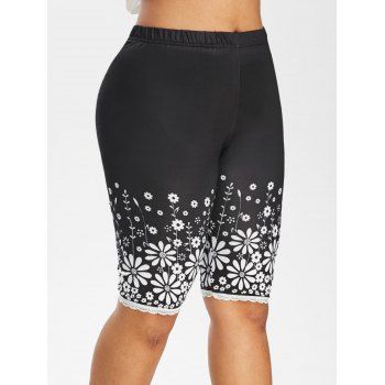 

Floral High Waisted Lace Trim Knee Length Plus Size Leggings, Black