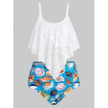 

Plus Size Lace Overlay Sea Creature Print Tankini Swimwear, White