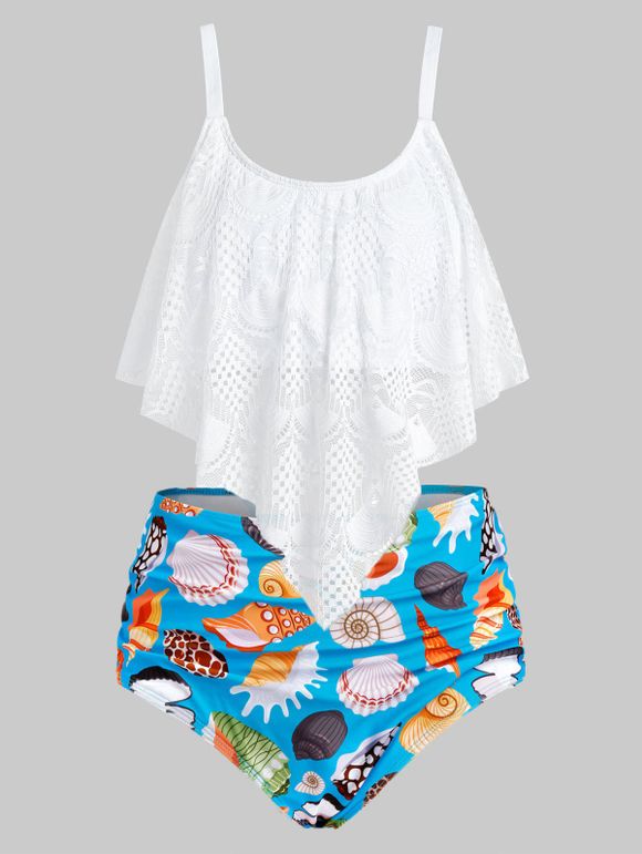 Plus Size Lace Overlay Sea Creature Print Tankini Swimwear - WHITE 1X