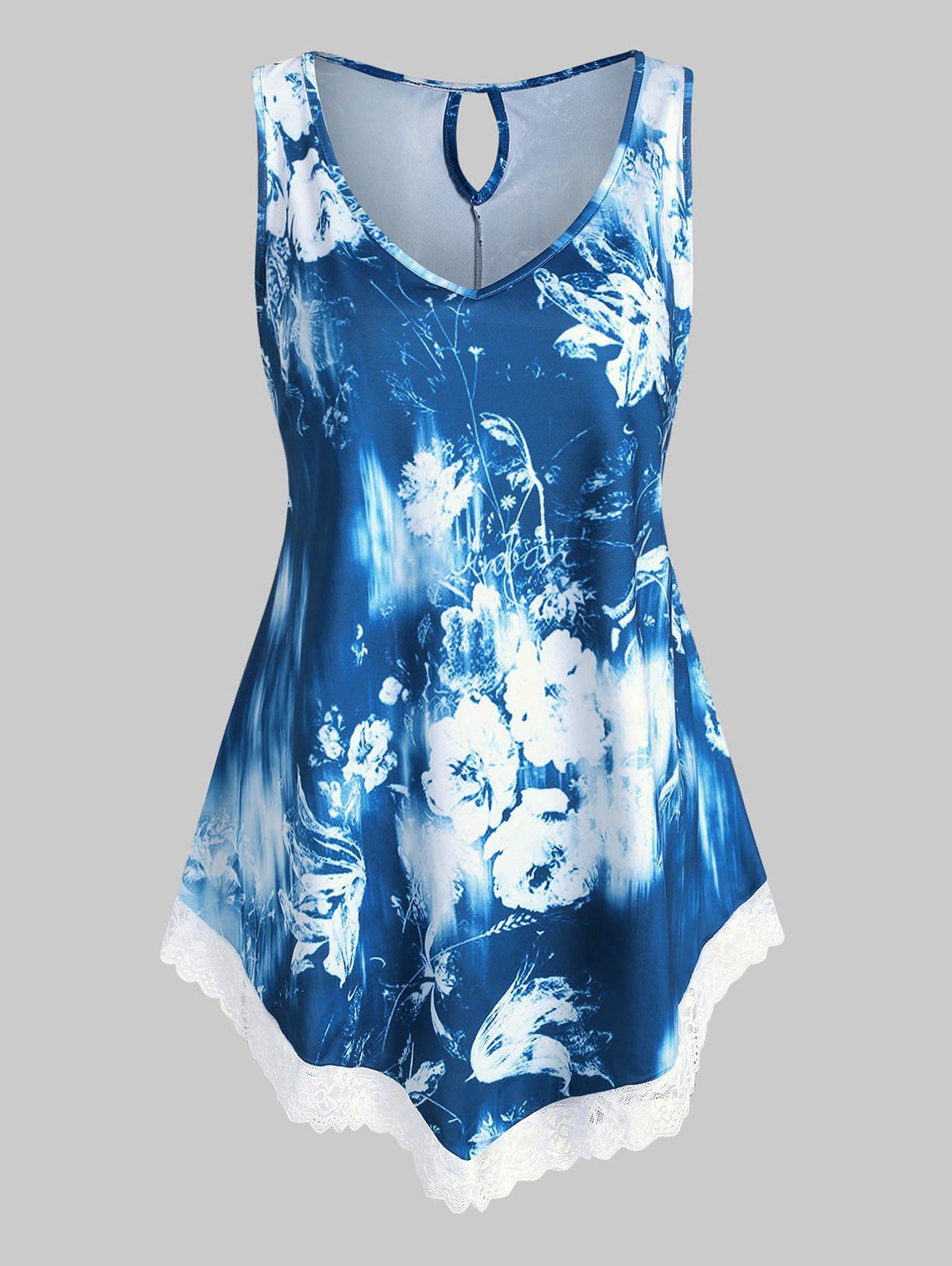 

Floral Lace Trim Keyhole Back Plus Size Tank Top, Blue
