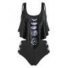 Maillot de Bain Tankini Lune Imprimée de Grande Taille à Volants - Noir 5X