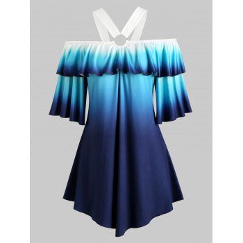 

Open Shoulder Flounces O Ring Ombre Plus Size Top, Blue