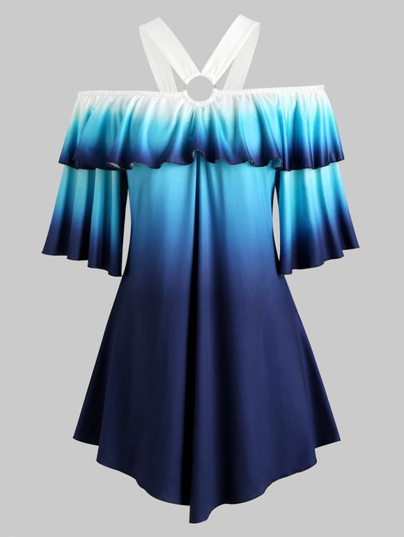 Haut Ombré Anneau en O à Epaule Dénudée de Grande Taille à Volants - Bleu 2X