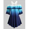 Haut Ombré Anneau en O à Epaule Dénudée de Grande Taille à Volants - Bleu 2X
