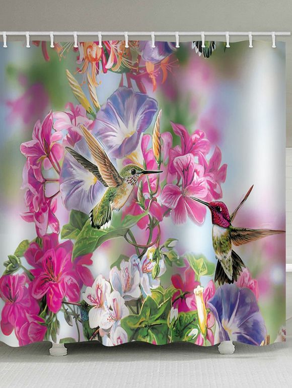 Rideau de Douche Imperméable Fleur et Oiseaux Imprimés - Rose W71 X L79 INCH