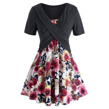 

Criss Cross Floral Skirted Plus Size Top, Dark gray