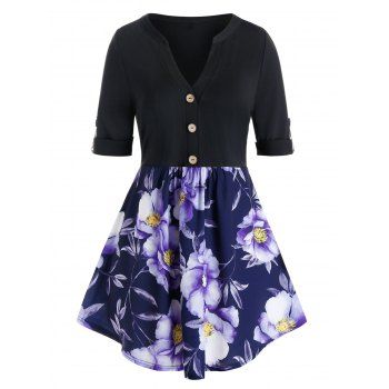 

Floral Buttoned Tab Sleeve Plus Size Blouse, Black