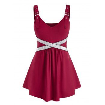 

Buckle Straps Criss Cross Glitter Panel Plus Size Tank Top, Firebrick