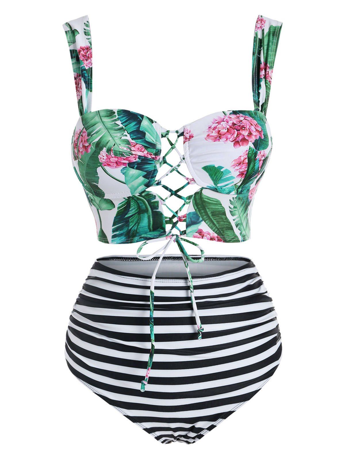 Tropical Flowers Print Lace-up Padded Bikini Set - multicolor M