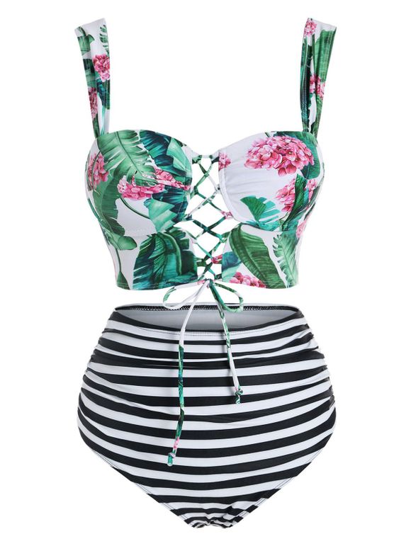 Ensemble de Bikini Matelassé Fleurs Tropicales Imprimées à Lacets - multicolor 2XL