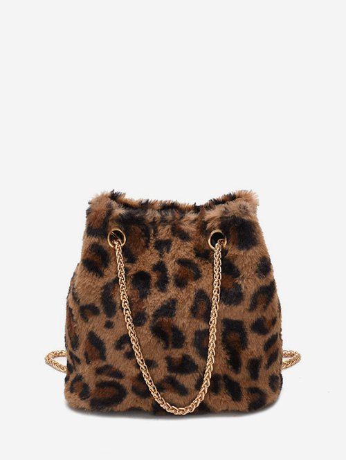 Sac à Bandoulière en Fausse Fourrure Motif Léopard avec Chaîne - Sépia 