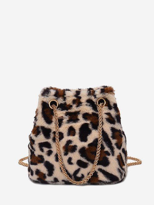 Sac à Bandoulière en Fausse Fourrure Motif Léopard avec Chaîne - Abricot 