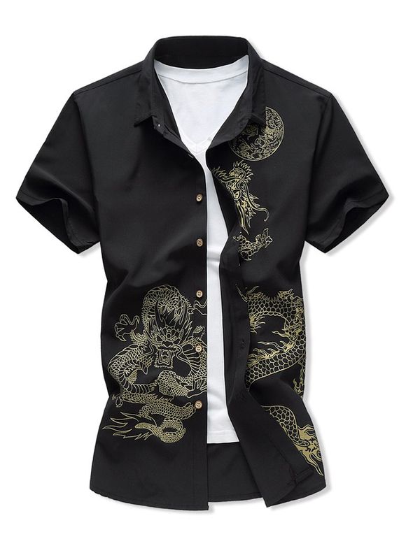 Chemise Dragon Imprmée Boutonnée à Manches Courtes - Noir XL