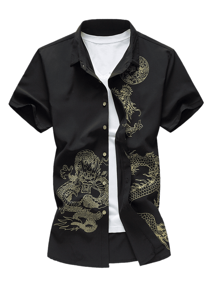 [42% OFF] 2020 Dragon Print Short Sleeve Button Up Shirt In BLACK ...