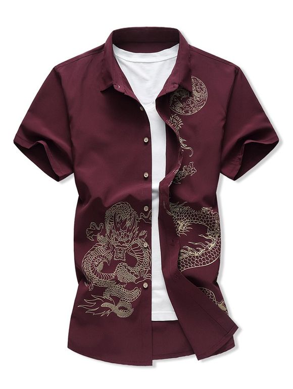 Chemise Dragon Imprmée Boutonnée à Manches Courtes - Rouge Vineux XL