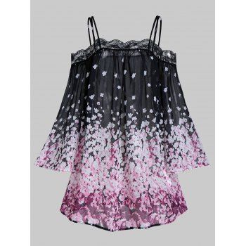 

Floral Print Open Shoulder Cover Up Top, Black