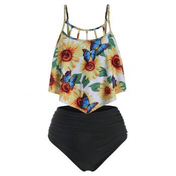 Women Sunflower Tummy Control Swimsuit Butterfly Tankini Flounce Swimwear Set Swimsuit S Multicolor