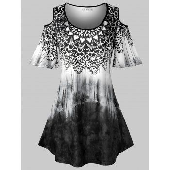 

Plus Size Tribal Print Tie Dye Cold Shoulder T Shirt, Black