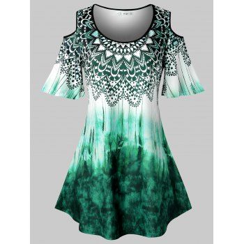 

Plus Size Tribal Print Tie Dye Cold Shoulder T Shirt, Medium turquoise