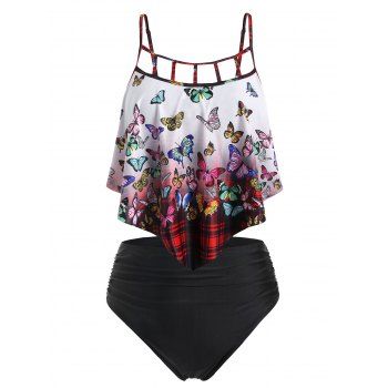 

Plus Size Cutout Butterfly Print Overlay Tankini Set, Black