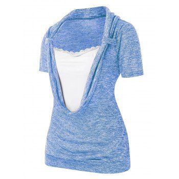 

Plus Size Lace Splicing Cowl Front Marled T Shirt, Sky blue